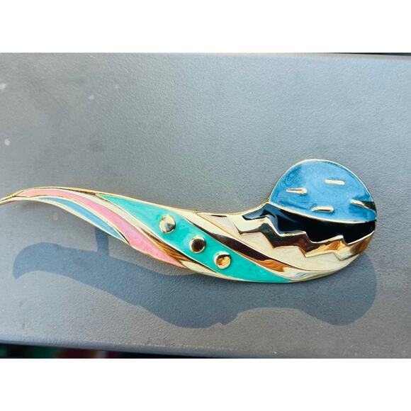 Vtg Fernando Originals Brooch Large Abstract 80s Gold Tone Blue Green Enamel Pin - Picture 2 of 8